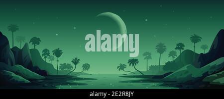 Dschungel Vektorlandschaft. Nacht Panoramalandschaft mit Regenwald und Fluss. Vektor-Illustration in flachen Cartoon-Stil Stock Vektor