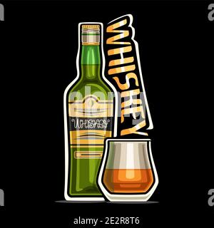 Vektor-Logo für Whiskey, Umriss Illustration der grünen Flasche mit dekorativem Etikett und halb Vollglas mit Whiskey, Plakette mit einzigartigem Design lette Stock Vektor