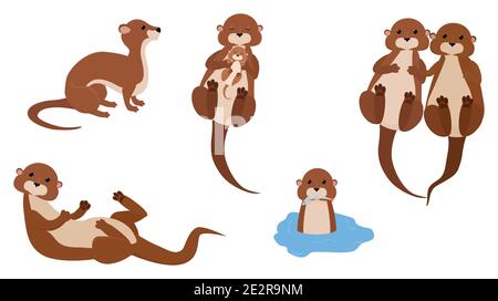 Niedliche Cartoon Otter Maskottchen Set, lustige Wasser Tier Charakter Vektor Illustration auf weißem Hintergrund Stock Vektor