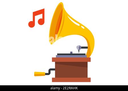 Vintage Grammophon spielt klassische Musik auf weißem Hintergrund. Flache Vektorgrafik Stock Vektor