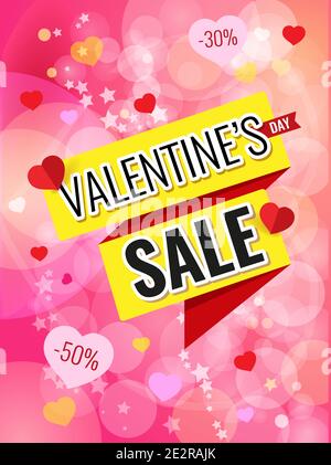 Rosa Poster mit gelbem Band und Text Valentinstag Sale. Rote Papierherzen auf hellem Hintergrund. Vektorgrafik. Stock Vektor