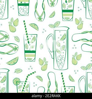 Minze Limonade Pitcher, Glas, Flip Flop Vektor nahtlose Muster Hintergrund. Grün-weißer Hintergrund mit handgezogenem Krug, Trinkgläsern, Zitrusfrüchten Stock Vektor