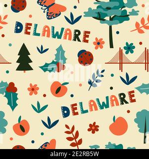 USA Kollektion. Vektordarstellung des Delaware-Themas. Zustandssymbole - nahtloses Muster Stock Vektor