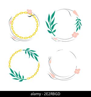 Set von Blumen Blätter runden Rahmen mit Goldkette. Nahtlose Kranz Kreisform. Kranz florales Design, Textrahmen. vektor-Illustration isoliert Stock Vektor