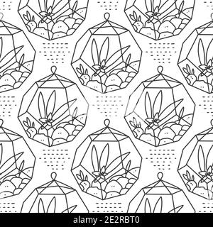 Nahtlose Sukkulente und Kakteen Pflanzen nahtlose Muster. Vektor tropische Illustration von Wüstenblumen im Terrarium. Hand gezeichnete Linie Doodle Natur proin Stock Vektor