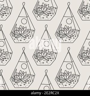 Nahtlose Sukkulente und Kakteen Pflanzen nahtlose Muster. Vektor tropische Illustration von Wüstenblumen im Terrarium. Hand gezeichnete Linie Doodle Natur proin Stock Vektor