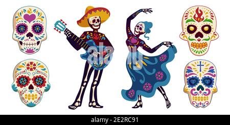 Tag der Toten, Dia de los muertos Figuren tanzen Catrina oder Mariachi Musiker Skelette und Zucker Schädel mit mexikanischen Elementen verziert. Halloween Feiertagsfeier, Cartoon-Vektor-Illustration Stock Vektor