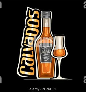 Vektor-Logo für Calvados, Illustration von brauner klassischer Flasche mit dekorativem Etikett und halb vollwertigem Cartoon-Glas, Plakette mit einzigartigem Design-Schriftzug Stock Vektor