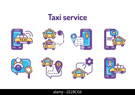 Online mobile Anwendung bestellen Taxi Service Farbe Linie Symbole gesetzt. Piktogramm für Web, mobile App, Promo. UI-UX-Designelement. Stock Vektor