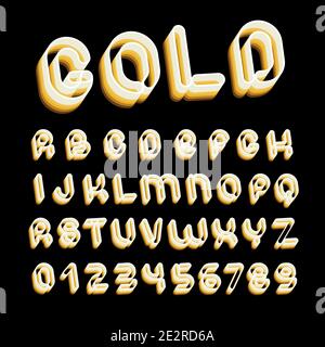 Retro-Goldschrift. Briefe der 70er-80er-90er-Jahre Ästhetik. Vektor-Alphabet im geschichteten Stil. Stock Vektor
