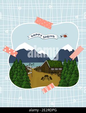 Kanadisches oder skandinavisches kleines braunes Holzhaus mit Gras auf dem Dach, Bäumen, Bergen, Hubschrauber mit Happy Spring Textvektor handgezeichnete Emulat Stock Vektor