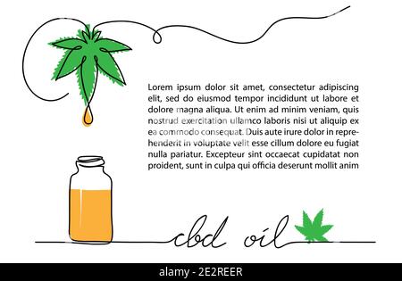 CBD-Öltropfen, Flasche, Hanf oder Cannabisblatt. Eine Linienvektordarstellung. Öl mit Cannabidiol Hintergrund. Stock Vektor