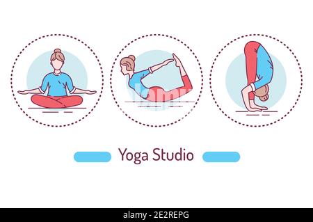 Yoga Studio skizzieren Konzept. Farbsymbole für Gymnastiklinien. Piktogramme für Webseite, mobile App, Promo. Stock Vektor
