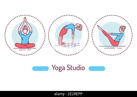 Yoga Studio skizzieren Konzept. Farbsymbole für Gymnastiklinien. Piktogramme für Webseite, mobile App, Promo Stock Vektor