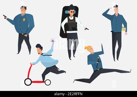 Lustige Bullen mit einem Schlagstock, einem Roller, mit Donuts Stock Vektor