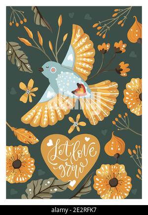 Valentinstag Cartoon Vektorkarte mit handgezeichneten Buchstaben Zitat, Blume, Vogel und Herz. Poster mit Liebesgrüße. Kunstvoll geblümter Dessin. Lasst uns lieben Stock Vektor