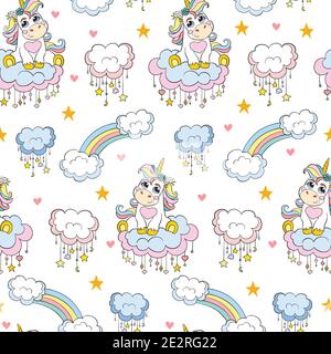 Nettes Baby Einhorn mit Regenbogen und Wolken isoliert auf weißem Hintergrund. Vektor nahtloses Muster. Illustration für Party, Print, Baby-Dusche, Tapete Stock Vektor