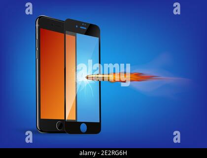 Schuss eine Kugel in Schutzglas, ein Riss auf Glas. Vector Displayschutzfolie oder Glasabdeckung isoliert auf grauem Hintergrund, mobiles Zubehör. Stock Vektor