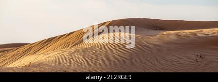 Riesige Dünen der Wüste. Schöne Strukturen von sandigen barkhan oder Sand-Düne. Wellen durch Wind auf der Sandoberfläche. Stockfoto