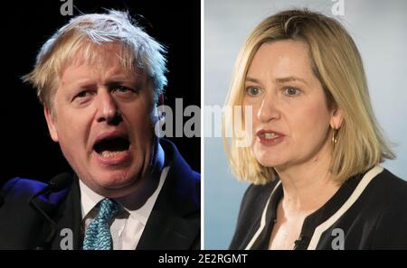 Undatierte Datei Fotos von Boris Johnson und Amber Rudd. Rudd hat gesagt, Johnson habe eine "Sprache, die er zu Recht nervös vor Frauen benutzt", als der Ex-Innenminister die "Jungen"-Club-Atmosphäre im Unterhaus anschlug. Frau Rudd beschuldigte den Premierminister auch, bei der Frauenförderung "rückwärts" zu gehen. Stockfoto