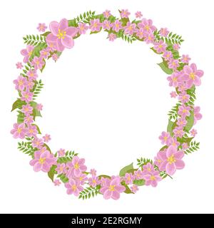 Ein Kranz aus rosa Blüten und Blättern. Rundes Rahmenmuster Stock Vektor