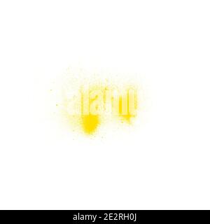 Abstrakte gelbe Farbe explodieren Pinsel mit Tropfen auf weiß isoliert Stockfoto