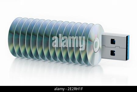 USB-Stick mit gestapelten Discs isoliert auf weißem Hintergrund. 3D-Illustration. Stockfoto