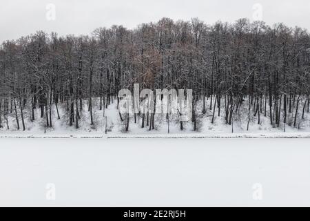 Schöne Winterlandschaft mit schneebedeckten Bäumen und See im Winterpark. Stockfoto
