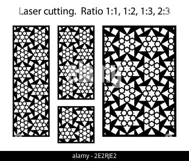 CNC-Plattenschablonen gesetzt. Lasermuster. Satz von geometrischen dekorativen Vektorplatten für Laserschneiden Stock Vektor