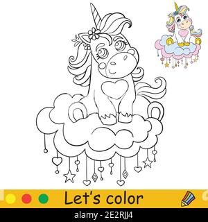 Niedliches Baby Einhorn auf einer Wolke sitzend. Malbuch Seite mit bunten Vorlage. Vektor Cartoon Illustration isoliert auf weißem Hintergrund. Für Colorin Stock Vektor