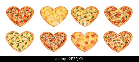 Set von heißen acht Herzen Pizzas mit verschiedenen Zutaten isoliert auf weißem Hintergrund. Mögliches Geschenk für Valentinstag. Basilikumblätter sind um Stock Vektor