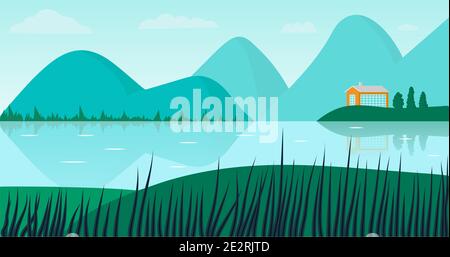 Romantische Landschaft mit Haus, Wasser und Hügeln Vektor-Illustration Stock Vektor