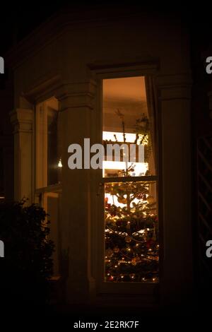 Weihnachtsbaum Durch Beleuchtetes Fenster Gesehen Stockfoto