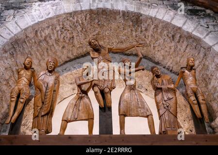 Spanien; Katalonien; Provinz Lleida: Dorf Erill la Vall auf dem Gebiet von Vall de Boi. Detail der romanischen Kirche Sant Feliu de Barru Stockfoto