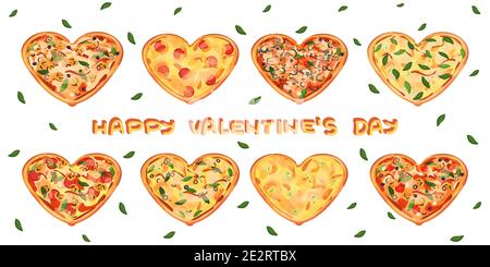 Set aus acht herzheißen Pizzen mit verschiedenen Zutaten auf weißem Hintergrund isoliert. Happy Valentines Day Text. Basilikumblätter sind um Stock Vektor