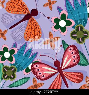 Schmetterlinge und Blumen farbige Fauna und Flora Dekoration Hintergrund Vektor Abbildung Stock Vektor