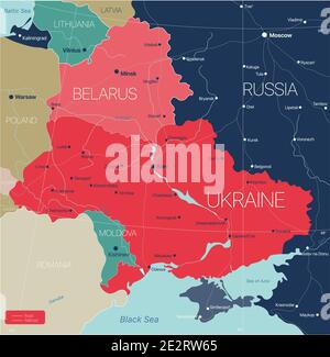 Weißrussland und Ukraine Länder Detaillierte editierbare Karte mit Regionen Städte und Städte, Straßen und Eisenbahnen, geografische Standorte. Vector EPS-10-Datei Stock Vektor