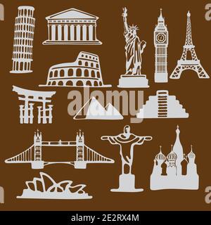 Icon Set von berühmten Sehenswürdigkeiten im Stil von Papier Schnitt mit gebogener Form isoliert auf braunem Hintergrund Stock Vektor