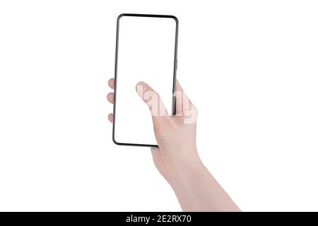 Menschliche Hand hält Smartphone, Finger berühren leeren Bildschirm auf weißem Hintergrund isoliert Nahaufnahme, Frau Hand halten Handy, Handy in der Hand Stockfoto