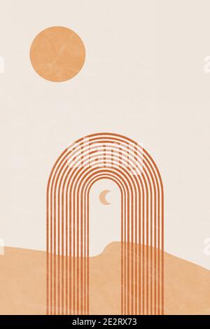 Abstrakter marokkischer Hintergrund mit geometrischen Formen, Regenbogen, Mond und Sonne. Boho Wanddekor Dekorationen. Moderner minimalistischer Kunstdruck aus der Mitte des Jahrhunderts. Stock Vektor