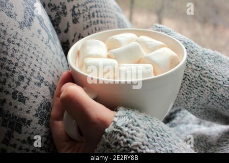 Person in grauem Pullover mit einer Tasse heißem oder kakaoarem Kakao und Salmmielchen. Frau Hände halten einen Becher mit heißer Schokolade. Gemütliche Winterstimmung. Stockfoto