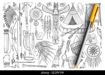 Zubehör, wenn Indianer Doodle Set. Sammlung von handgezeichneten Federn, Werkzeuge, Musikinstrumente, Boote, Werkzeuge für die Jagd und gepflegte Symbole isoliert auf transparentem Hintergrund. Abbildung von injun Stock Vektor