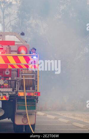 Die Rückseite eines Ländlichen Feuerwehr-LKW mit blinkenden Lichtern, umgeben von Rauch, bei einer Gefahrenreduzierung brennen in Sydney, Australien Stockfoto