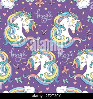 Magische nahtlose Muster mit Kopf von Einhorn mit Schmetterlingen auf lila Hintergrund isoliert. Vektor-Illustration für Party, Print, Baby-Dusche, Wallpap Stock Vektor