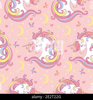 Magisches nahtloses Muster mit Einhorn, Mond, Sternen und Schmetterlingen auf rosa Hintergrund isoliert. Vektor-Illustration für Party, Print, Baby-Dusche, Wand Stock Vektor