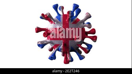 Covid britische und england Variante isoliert auf weißem Hintergrund, covid-19 Virus mit englischer Flagge. Stockfoto