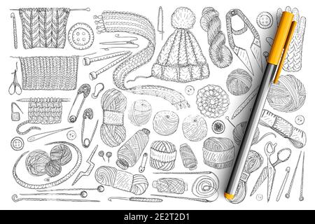 Elemente zum Stricken Doodle Set. Sammlung von handgezeichneten Wolle, Strickwaren, Nadeln, Pins, Maßband und Schere zum Stricken isoliert auf transparentem Hintergrund. Illustration des kreativen Hobbys Stock Vektor