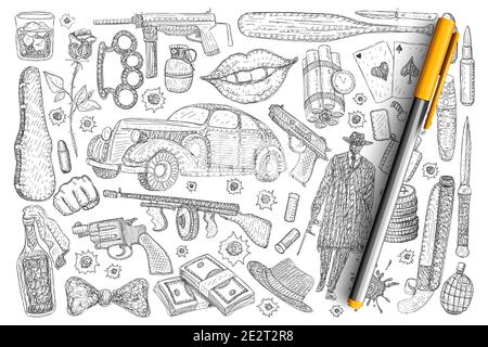 Verbrechen und Raub Symbole Doodle Set. Sammlung von Hand gezeichneten Pistole Geld Gift Luxus Auto Revolver Pistole Detektiv in Hut isoliert auf transparentem Hintergrund. Illustration der kriminellen Geschichte Stock Vektor