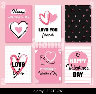Valentinstag Grußkarten mit Herzen und Symbol Dekoration für Einladung, Flyer, Poster, Tag, Banner. Stock Vektor