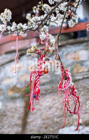 Weiße und rote bulgarische Martenitsa Armbänder, hängend auf dem Zweig der Frühlingsblüte Baum Stockfoto